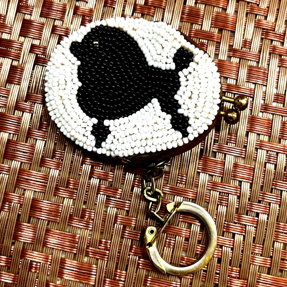 Seed pearls black poodle coin pouch with key ring